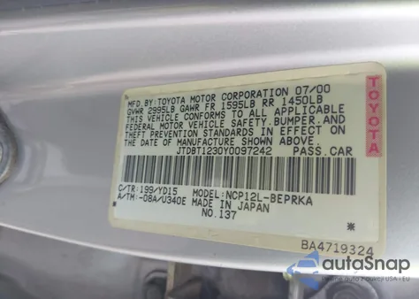 2000 Toyota Echo from USA, damaged, VIN JTDBT1230Y0097242